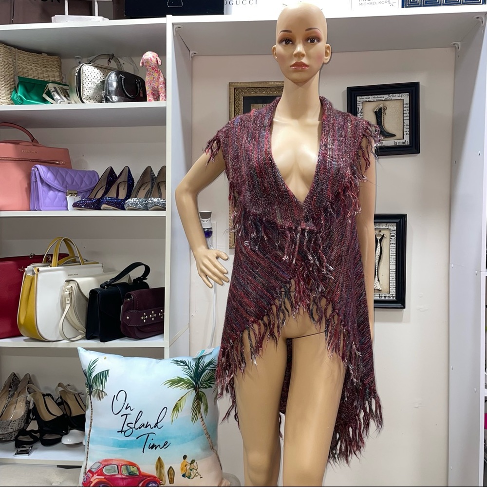 Ponsesa Multicolor Asymmetrical Fringe V-Neck Cardigan Sweater Size L